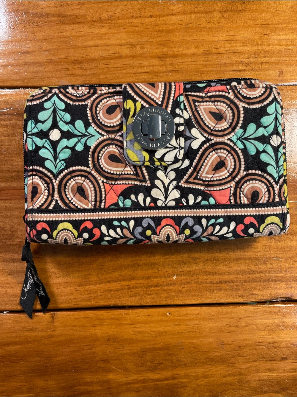 Vera Bradley Quilted Wallet - Black Multi Paisley with Mint & Coral Accents